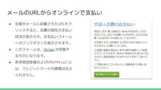 メールのURLからオンラインで支払い
● 会員がメールに記載されたURLをク
リックすると、会費の現在の支払い
状況が表示され、お支払いフォーム
へのリンクボタンが表示されます。
● このフォームは、Stripe が用意す
るものになります。
● 各学術団体様およびEMUYN LLC に
は、クレジットカードの情報は伝え
られません。
 
