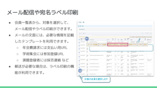 メール配信や宛名ラベル印刷
● 会員一覧表から、対象を選択して、
メール配信やラベル印刷ができます。
● メールの文面には、必要な情報を記載
したテンプレートを利用できます。
○ 年会費請求には支払い用URL
○ 学術集会には参加登録URL
○ 演題登録者には採否連絡 など
● 郵送が必要な場合は、ラベル印刷の機
能が利用できます。
①
②
 
