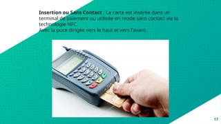 17
Insertion ou Sans Contact : La carte est insérée dans un
terminal de paiement ou utilisée en mode sans contact via la
technologie NFC.
Avec la puce dirigée vers le haut et vers l'avant.
 