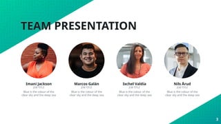 TEAM PRESENTATION
3
Imani Jackson
JOB TITLE
Blue is the colour of the
clear sky and the deep sea
Marcos Galán
JOB TITLE
Blue is the colour of the
clear sky and the deep sea
Ixchel Valdía
JOB TITLE
Blue is the colour of the
clear sky and the deep sea
Nils Årud
JOB TITLE
Blue is the colour of the
clear sky and the deep sea
 