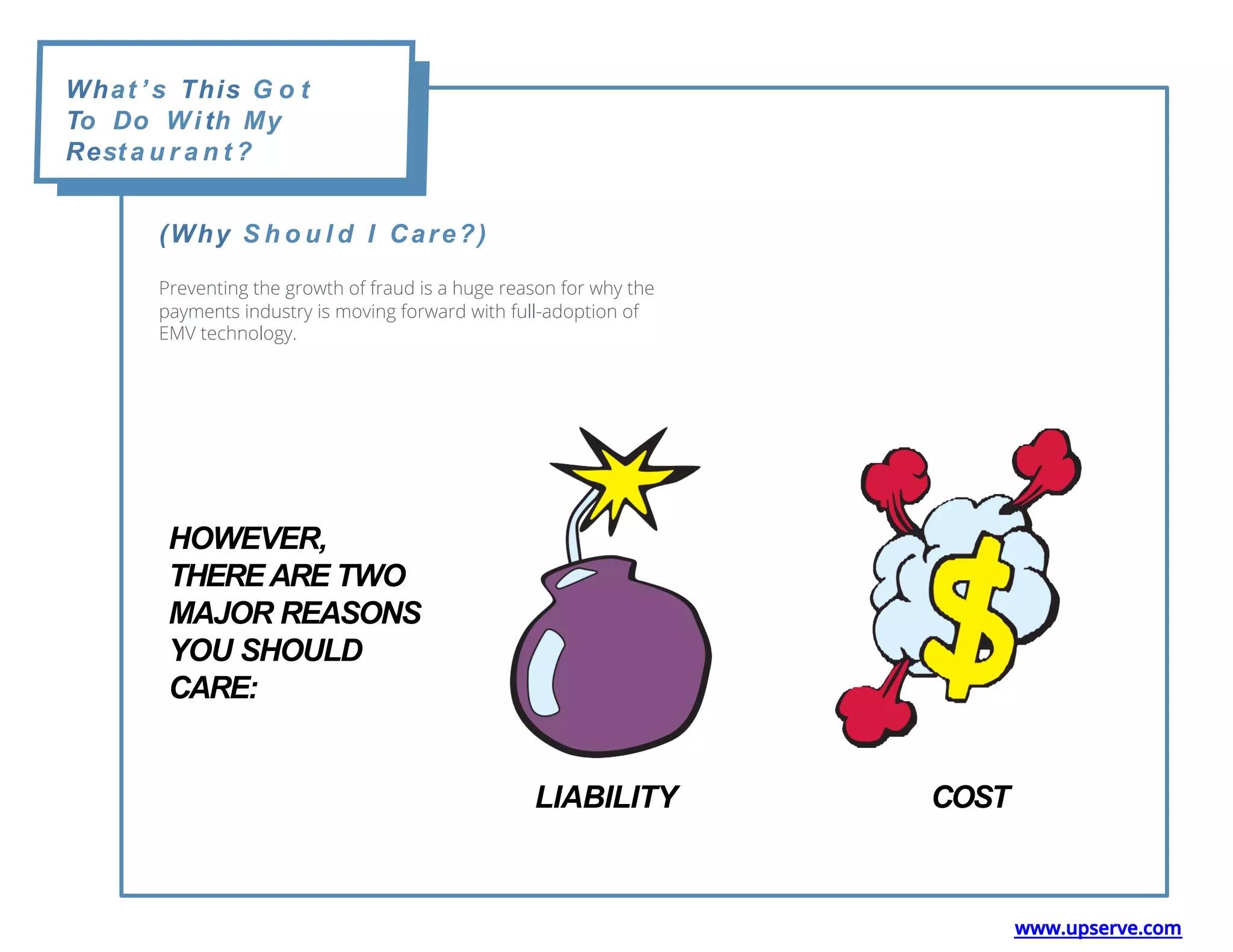 What ’ s This G o t
To Do Wi th My
Rest a u r a n t ?
(Why S h o u l d I Care?)
Preventing the growth of fraud is a huge reason for why the
payments industry is moving forward with full-adoption of
EMV technology.
HOWEVER,
THEREARE TWO
MAJOR REASONS
YOU SHOULD
CARE:
COSTLIABILITY
www.upserve.com
 