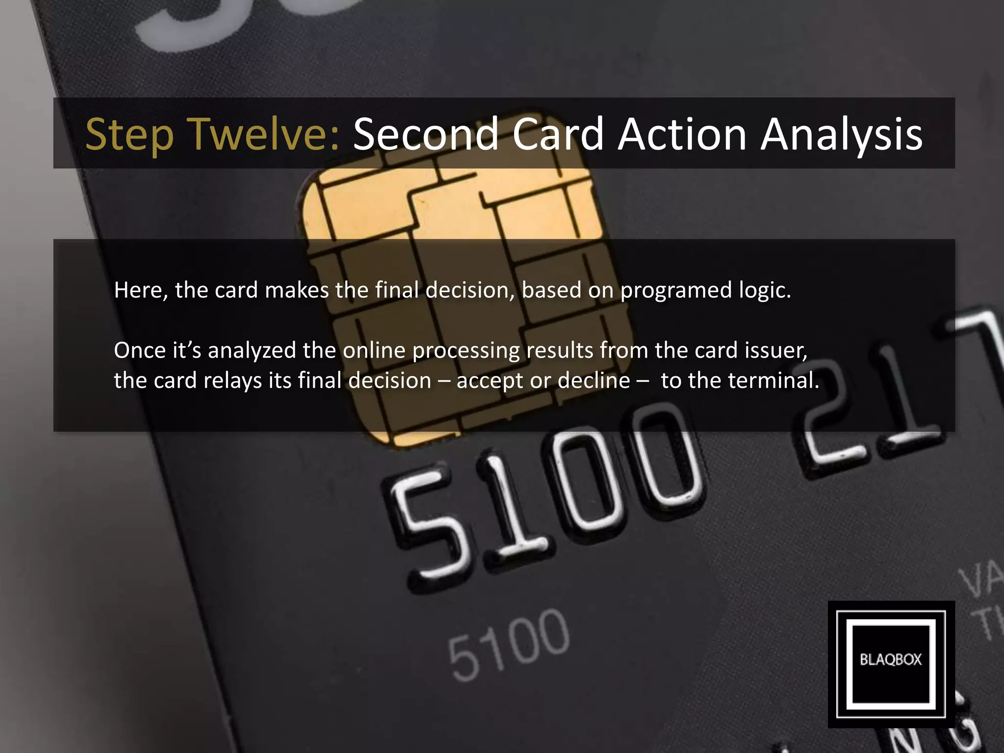 Step Twelve: Second Card Action Analysis
Here, the card makes the final decision, based on programed logic.
Once it’s analyzed the online processing results from the card issuer,
the card relays its final decision – accept or decline – to the terminal.
 