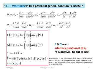 2015/8/13 Chungpin Liao et al. 18
• E. T. Whittaker’s# two potential general solution  useful?
2
2
22
22222
1
,
1
,
1
t
F...