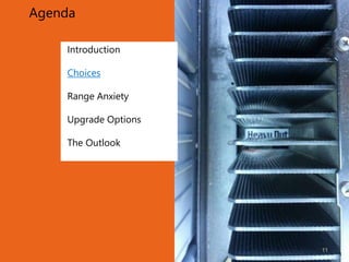 Agenda
Introduction
Choices
Range Anxiety
Upgrade Options
The Outlook
1
11
 