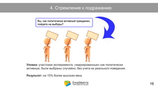 Как возникает холодный лид?4. Стремление к подражанию
Уловка: участники эксперимента, «маркированные» как политически
активные, были выбраны случайно, без учета их реального поведения.
Результат: на 15% более высокая явка.
Вы, как политически активный гражданин,
пойдете на выборы?
16
 