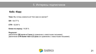 Как возникает холодный лид?5. Интересы подписчиков
Кейс: 4lapy
Тема: Мы готовы измениться! Чего вам не хватает?
OR = 54,77 %
CTR = 32,06 %
Клики по опросу: 14,08 %
Результат:
увеличение OR почти в 2 раза (в сравнении с новостными письмами),
увеличение CTR более чем в 2,5 раза (по сравнению с новостными письмами).
21
 