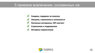 Скидках, подарках за покупку
Эмоциях, стремлении к успешности
Полезные материалы, VIP-контент
Стремление к подражанию
Интересы подписчиков
5 приемов вовлечения, основанных на:
23
 