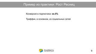 Пример из практики: Рост Ресниц
9
Конверсия в подписчика: ок.5%
Траффик, в основном, из социальных сетей
 