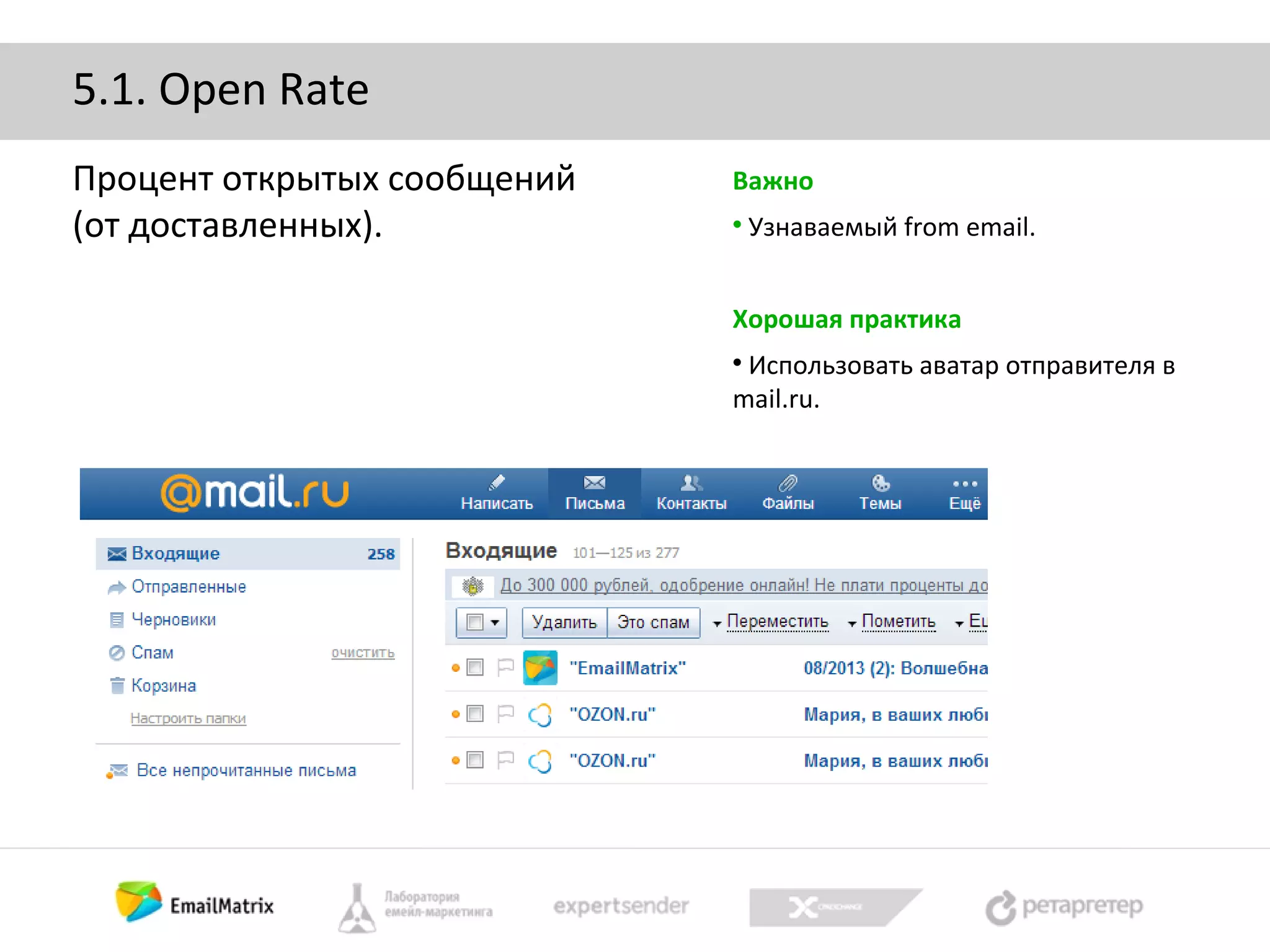 5.1. Open Rate
Процент открытых сообщений
(от доставленных).

Важно


Узнаваемый from email.

Хорошая практика
Использовать аватар отправителя в
mail.ru.


 