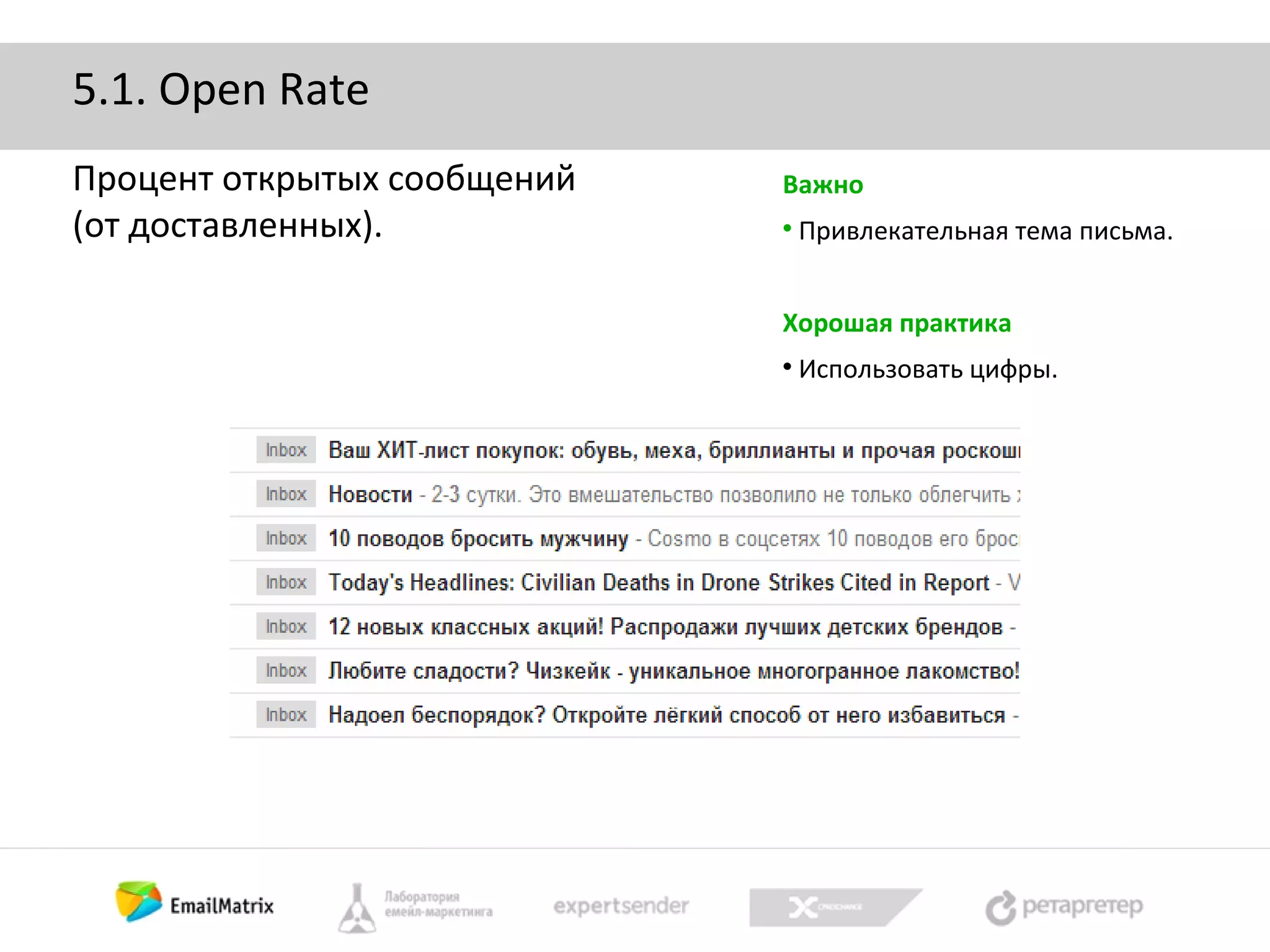 5.1. Open Rate
Процент открытых сообщений
(от доставленных).

Важно


Привлекательная тема письма.

Хорошая практика


Использовать цифры.

 