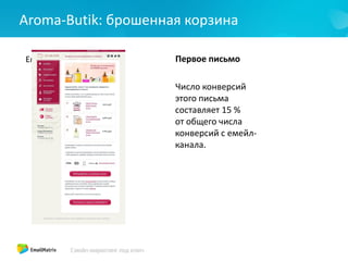 Aroma-Butik: брошенная корзина
Емейл маркетинг
Доля
транзакционных
писем
Статистика
Первое письмо
Число конверсий
этого письма
составляет 15 %
от общего числа
конверсий с емейл-
канала.
 