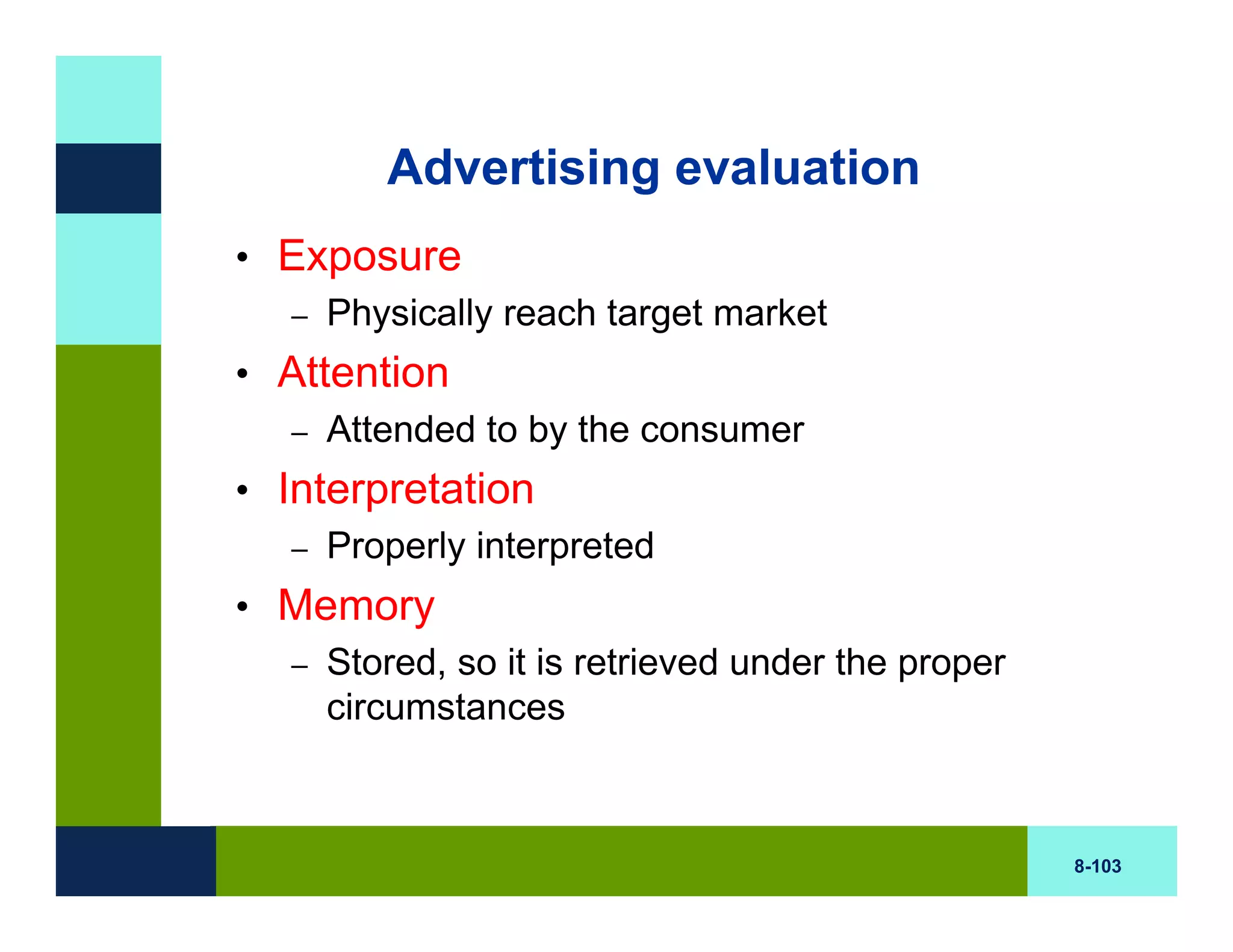 Advertising evaluation
• Exposure
  – Physically reach target market

• Attention
  – Attended to by the consumer

• Interpretation
   – Properly interpreted

• Memory
  – Stored, so it is retrieved under the proper
    circumstances



                                                  8-103
 
