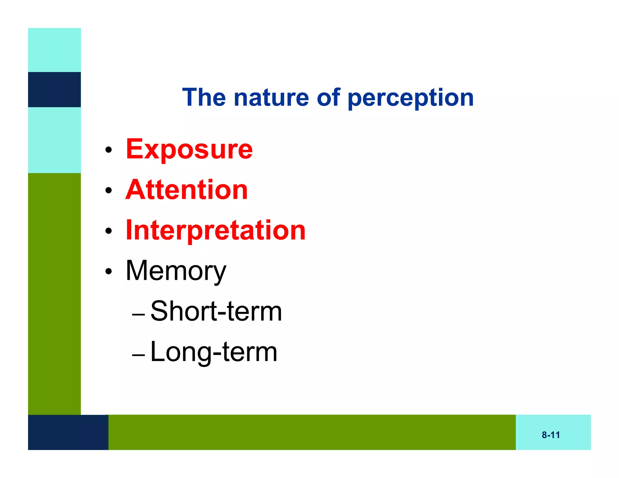The nature of perception

• Exposure
• Attention
• Interpretation
• Memory
  – Short-term
  – Long-term


                                 8-11
 