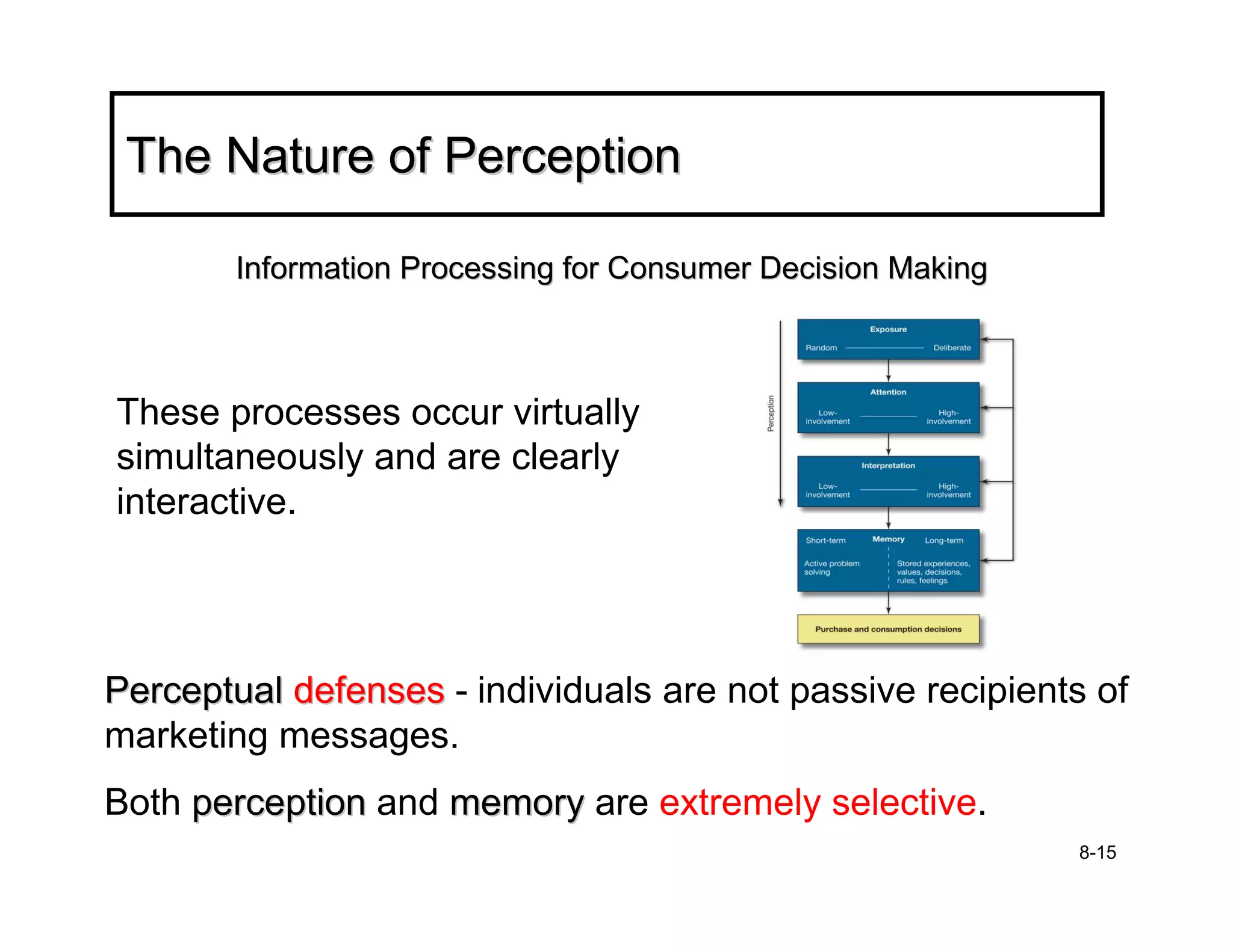 The Nature of Perception

        Information Processing for Consumer Decision Making



These processes occur virtually
simultaneously and are clearly
interactive.




Perceptual defenses - individuals are not passive recipients of
marketing messages.
Both perception and memory are extremely selective.
                                                              8-15
 