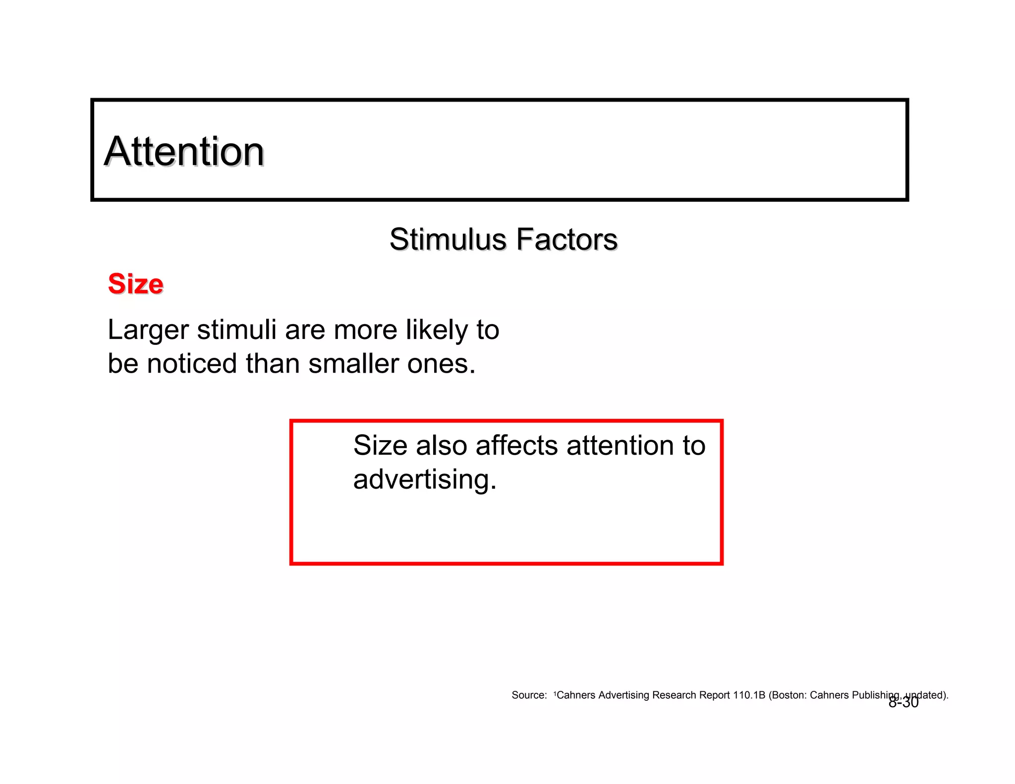 Attention

                       Stimulus Factors
Size
Larger stimuli are more likely to
be noticed than smaller ones.

                    Size also affects attention to
                    advertising.




                                    Source: 1Cahners Advertising Research Report 110.1B (Boston: Cahners Publishing, undated).
                                                                                                                 8-30
 
