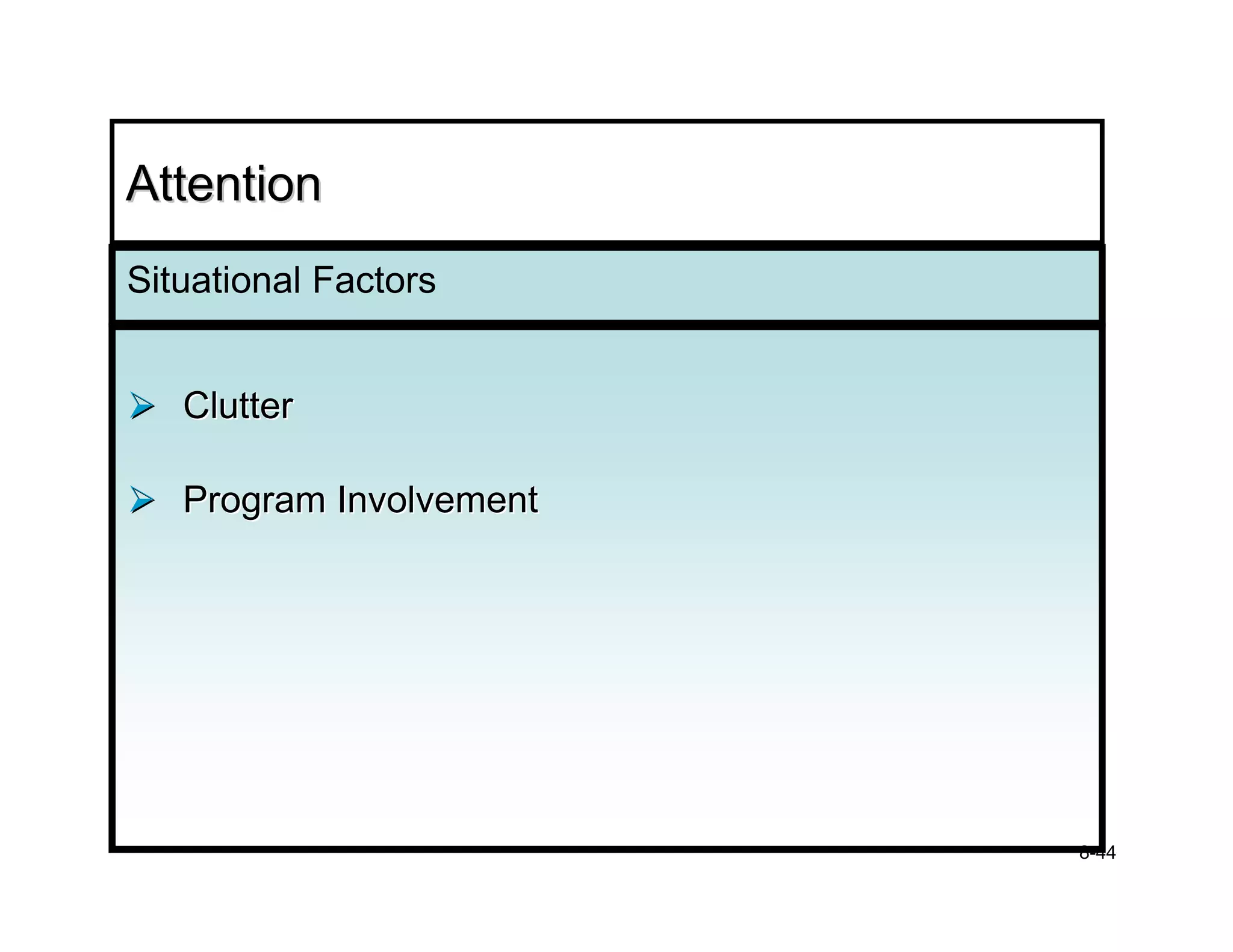 Attention
Situational Factors


   Clutter

   Program Involvement




                         8-44
 