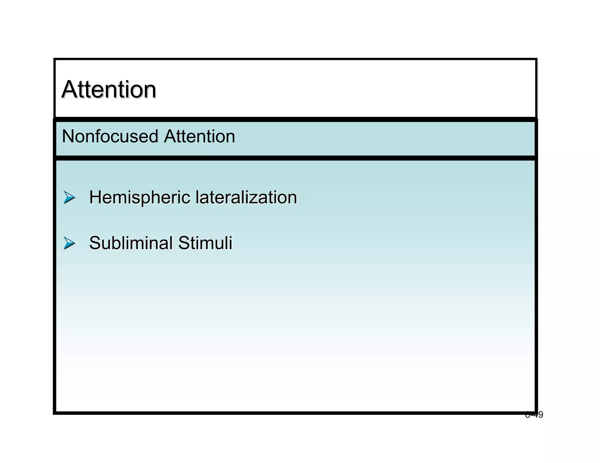 Attention
Nonfocused Attention


   Hemispheric lateralization

   Subliminal Stimuli




                                8-49
 
