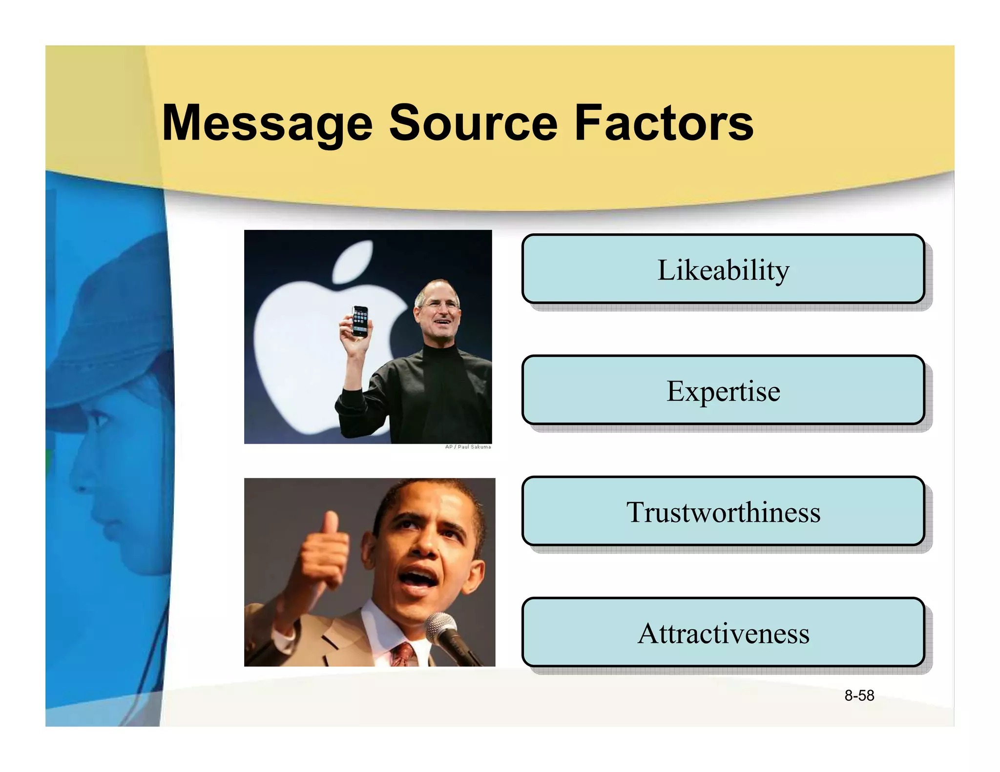 Message Source Factors

                   Likeability
                   Likeability


                   Expertise
                   Expertise


                 Trustworthiness
                 Trustworthiness


                 Attractiveness
                 Attractiveness
                                   8-58
 