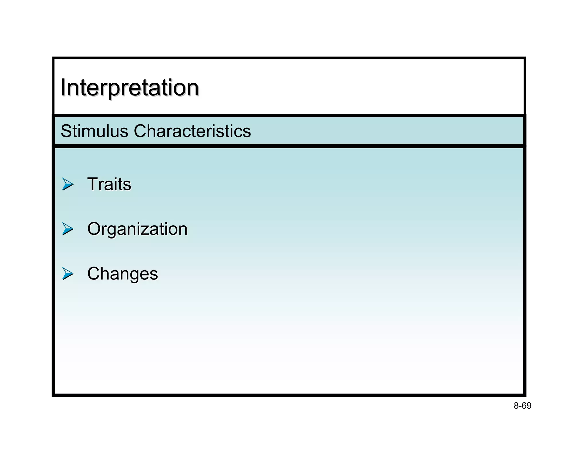 Interpretation
Stimulus Characteristics

   Traits

   Organization

   Changes




                           8-69
 