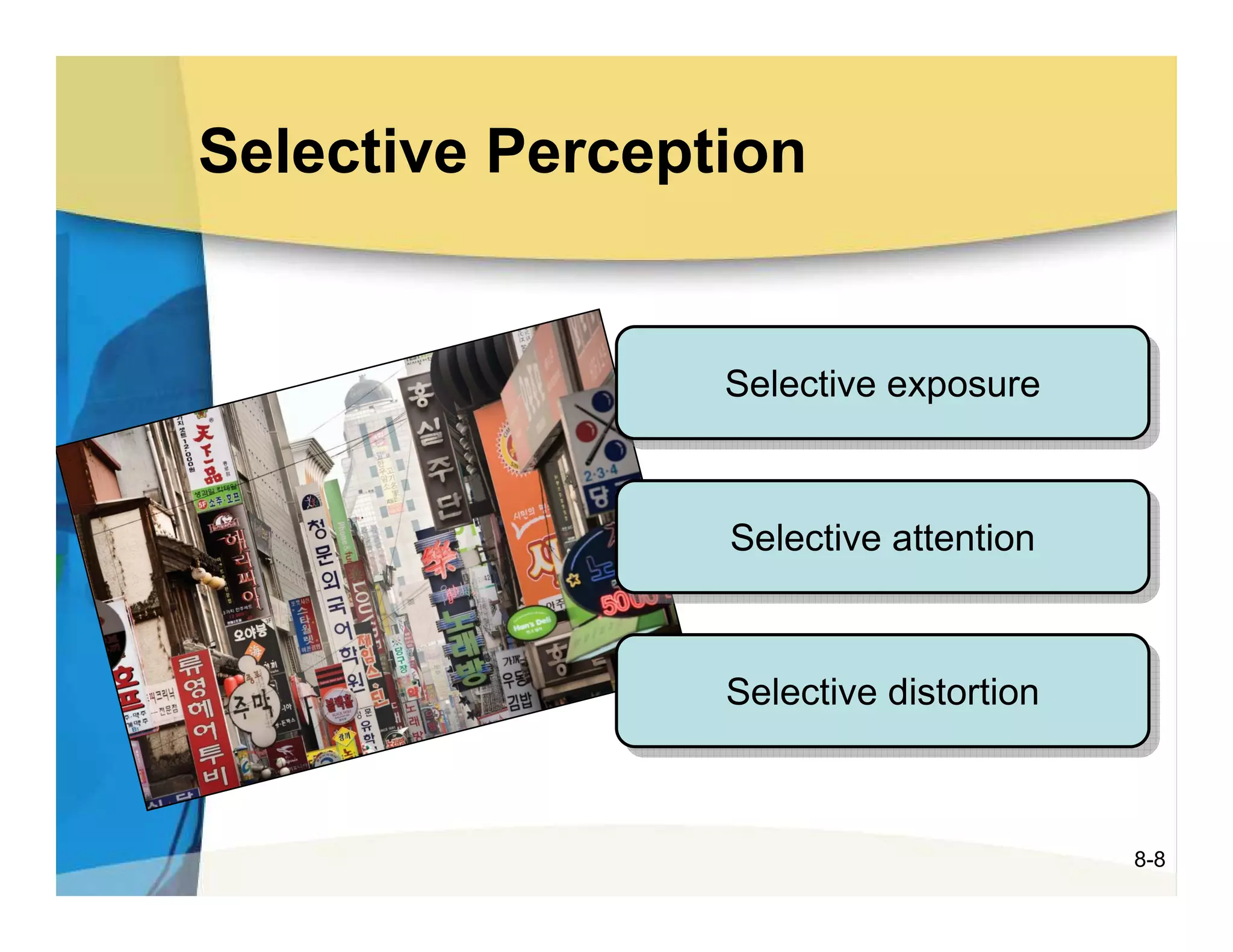 Selective Perception


                 Selective exposure
                 Selective exposure


                 Selective attention
                 Selective attention


                 Selective distortion
                 Selective distortion



                                        8-8
 