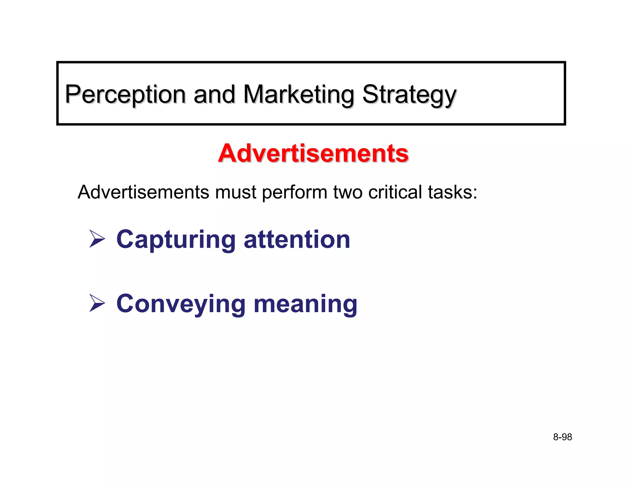 Perception and Marketing Strategy

                 Advertisements
 Advertisements must perform two critical tasks:

     Capturing attention

     Conveying meaning




                                                   8-98
 