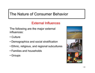 The Nature of Consumer Behavior

                  External Influences
The following are the major external
influences:
• Culture
• Demographics and social stratification
• Ethnic, religious, and regional subcultures
• Families and households
• Groups



                                                1-26
 