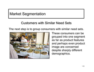 Market Segmentation

         Customers with Similar Need Sets
The next step is to group consumers with similar need sets.
                                 These consumers can be
                                 grouped into one segment
                                 as far as product features
                                 and perhaps even product
                                 image are concerned
                                 despite sharply different
                                 demographics.



                                                        1-53
 
