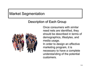 Market Segmentation

          Description of Each Group
                   Once consumers with similar
                   need nets are identified, they
                   should be described in terms of
                   demographics, lifestyles, and
                   media usage.
                   In order to design an effective
                   marketing program, it is
                   necessary to have a complete
                   understanding of the potential
                   customers.

                                                1-54
 