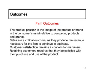 Outcomes

                   Firm Outcomes
The product position is the image of the product or brand
in the consumer’s mind relative to competing products
and brands.
Sales are a critical outcome, as they produce the revenue
necessary for the firm to continue in business.
Customer satisfaction remains a concern for marketers.
Retaining customers requires that they be satisfied with
their purchase and use of the product.



                                                        1-65
 