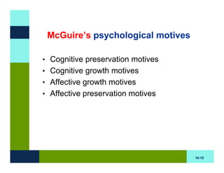 McGuire’s psychological motives

• Cognitive preservation motives
• Cognitive growth motives
• Affective growth motives
• Affective preservation motives




                                   10-15
 