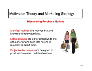 Motivation Theory and Marketing Strategy

              Discovering Purchase Motives


Manifest motives are motives that are
known and freely admitted.

Latent motives are either unknown to the
consumer or are such that he/she is
reluctant to admit them.

Projective techniques are designed to
provide information on latent motives.



                                             10-29
 