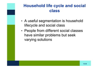 Household life cycle and social
              class

• A useful segmentation is household
  lifecycle and social class
• People from different social classes
  have similar problems but seek
  varying solutions




                                         13-32
 