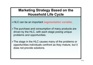 Marketing Strategy Based on the
         Household Life Cycle

HLC can be an important segmentation variable.

The purchase and consumption of many products are
driven by the HLC, with each stage posing unique
problems and opportunities.

The stage in the HLC causes many of the problems or
opportunities individuals confront as they mature, but it
does not provide solutions.



                                                            13-33
 