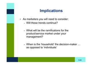 Implications

• As marketers you will need to consider:
   –   Will these trends continue?

   –   What will be the ramifications for the
       product/service market under your
       management?

   –   When is the ‘household’ the decision-maker …
       as opposed to ‘individuals’



                                                 13-64
 