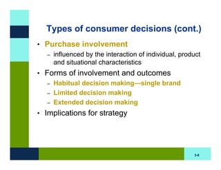 Types of consumer decisions (cont.)
• Purchase involvement
  – influenced by the interaction of individual, product
    an...