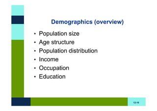 Demographics (overview)
• Population size
• Age structure
• Population distribution
• Income
• Occupation
• Education



                                12-10
 