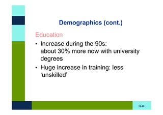 Demographics (cont.)
Education
• Increase during the 90s:
  about 30% more now with university
  degrees
• Huge increase in training: less
  ‘unskilled’



                                   12-20
 