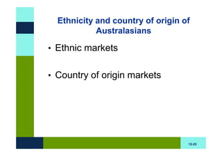 Ethnicity and country of origin of
            Australasians

• Ethnic markets


• Country of origin markets




                                   12-25
 