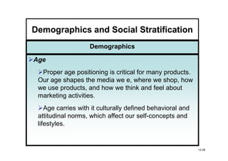 Demographics and Social Stratification
                    Demographics

Age
  Proper age positioning is critical for many products.
 Our age shapes the media we e, where we shop, how
 we use products, and how we think and feel about
 marketing activities.
    Age carries with it culturally defined behavioral and
 attitudinal norms, which affect our self-concepts and
 lifestyles.


                                                            12-28
 