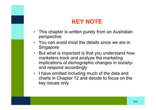 KEY NOTE
• This chapter is written purely from an Australian
  perspective
• You can avoid most the details since we are in
  Singapore
• But what is important is that you understand how
  marketers track and analyze the marketing
  implications of demographic changes in society-
  and respond accordingly
• I have omitted including much of the data and
  charts in Chapter 12 and decide to focus on the
  key issues only



                                                      12-3
 