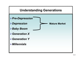 Understanding Generations

Pre-
Pre-Depression
Depression             Mature Market

Baby Boom
Generation X
Generation Y
Millennials


                                       12-31
 