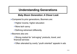 Understanding Generations
      Baby Boom Generation: A Closer Look
Compared to prior generations, Boomers are:
   Higher income, higher education
   More tech savvy
   Defining retirement differently
Boomers also are:
    Strong market for “anti-aging” products, travel, and
 financial services
   Often alienated by overly “youth oriented” appeals in ads


                                                               12-34
 