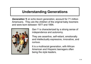Understanding Generations
Generation Y, or echo boom generation, account for 71 million
Americans. They are the children of the original baby boomers
and were born between 1977 and 1994.
                  Gen Y is characterized by a strong sense of
                  independence and autonomy.
                  They are assertive, self-reliant, emotionally
                  and intellectually expressive, innovative, and
                  curious.
                  It is a multiracial generation, with African
                  American and Hispanic teenagers often
                  being the style leaders.

                                                                   12-36
 