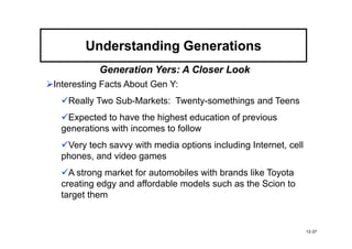 Understanding Generations
           Generation Yers: A Closer Look
Interesting Facts About Gen Y:
   Really Two Sub-Markets: Twenty-somethings and Teens
  Expected to have the highest education of previous
 generations with incomes to follow
  Very tech savvy with media options including Internet, cell
 phones, and video games
   A strong market for automobiles with brands like Toyota
 creating edgy and affordable models such as the Scion to
 target them


                                                                12-37
 