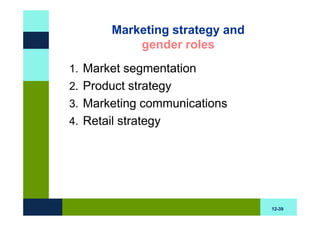 Marketing strategy and
            gender roles
1. Market segmentation
2. Product strategy
3. Marketing communications
4. Retail strategy




                                 12-39
 