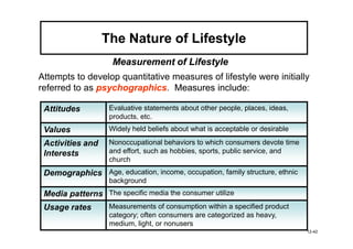 The Nature of Lifestyle
                    Measurement of Lifestyle
Attempts to develop quantitative measures of lifestyle were initially
referred to as psychographics Measures include
               psychographics.            include:

 Attitudes         Evaluative statements about other people, places, ideas,
                   products, etc.
 Values            Widely held beliefs about what is acceptable or desirable

 Activities and    Nonoccupational behaviors to which consumers devote time
 Interests         and effort, such as hobbies, sports, public service, and
                   church
 Demographics Age, education, income, occupation, family structure, ethnic
                   background
 Media patterns The specific media the consumer utilize
 Usage rates       Measurements of consumption within a specified product
                   category; often consumers are categorized as heavy,
                   medium, light, or nonusers
                                                                               12-42
 