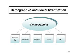 Demographics and Social Stratification



                          Demographics



Population
    &        Occupation     Education   Income   Age
   Size




                                                       12-5
 