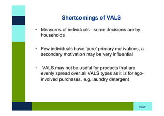 Shortcomings of VALS

• Measures of individuals - some decisions are by
    households

• Few individuals have ‘pure’ primary motivations, a
    secondary motivation may be very influential

•    VALS may not be useful for products that are
    evenly spread over all VALS types as it is for ego-
    involved purchases, e.g. laundry detergent




                                                    12-57
 