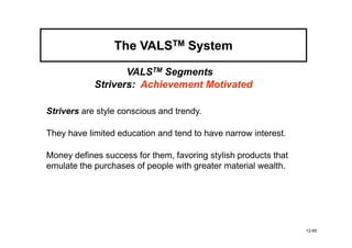 The VALSTM System

                   VALSTM Segments
            Strivers: Achievement Motivated

Strivers are style conscious and trendy.

They have limited education and tend to have narrow interest.

Money defines success for them, favoring stylish products that
emulate the purchases of people with greater material wealth.




                                                                 12-65
 