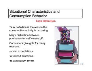 Situational Characteristics and
Consumption Behavior
                           Task Definition

Task definition is the reason the
consumption activity is occurring.
Major distinction between
purchases for self versus gift.
Consumers give gifts for many
reasons:
•social expectations
•ritualized situations
•to elicit return favors
                                             2-32
 